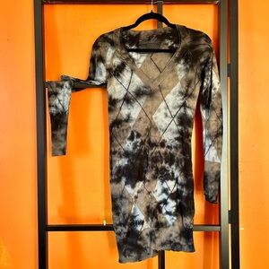 AllSaints Argyle Tie-Dye Sweater Dress | V-Neck Fitted Knit Mini